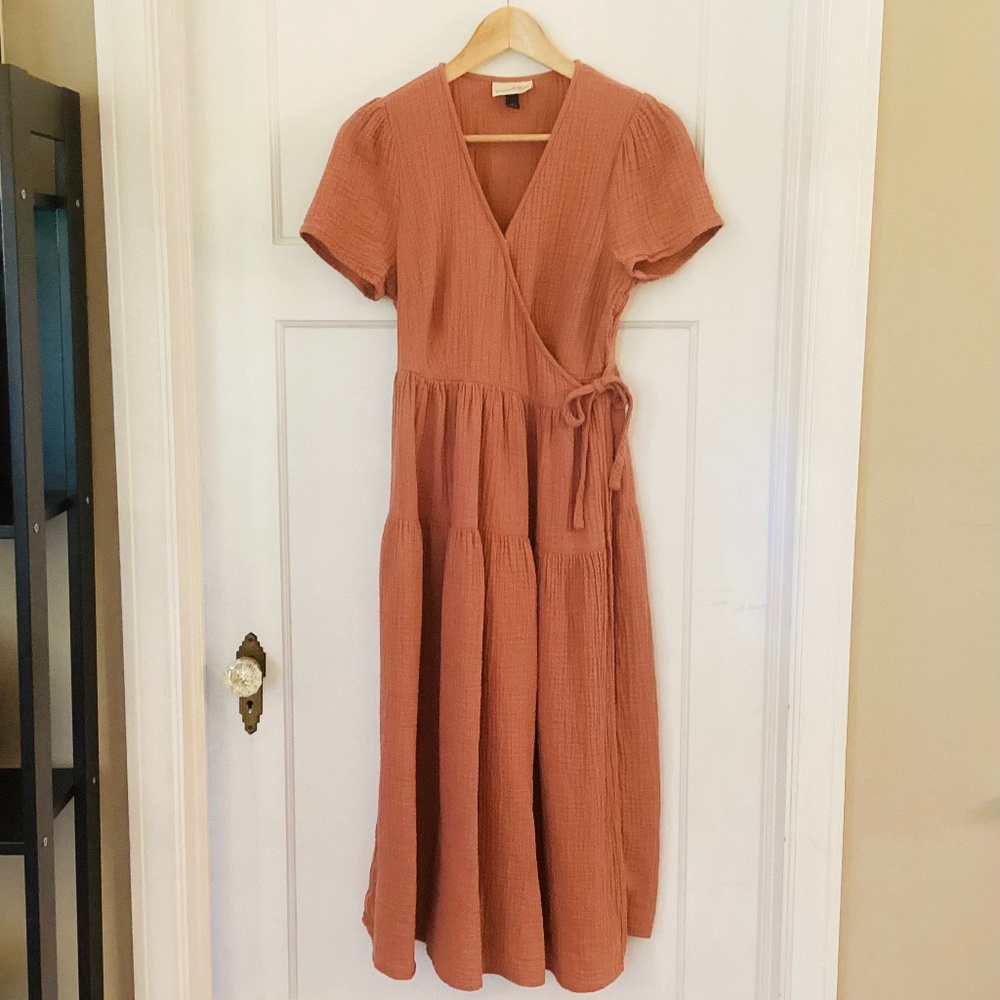 Universal Thread Midi Peasant Style Wrap Dress Size XS Cotton Gauze Caramel